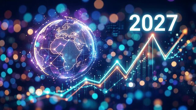 Global financial growth chart with glowing planet earth and 2027 year sign. Digital stock market trend line for New Year economics and future business report.
