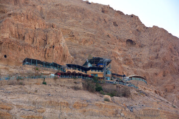 JERICHO ISRAEL: The Monastery of Saint George of Choziba is a Greek Orthodox monastery dramatically built into the cliff face of the Wadi Qelt, a scenic gorge between Jerusalem and Jericho.