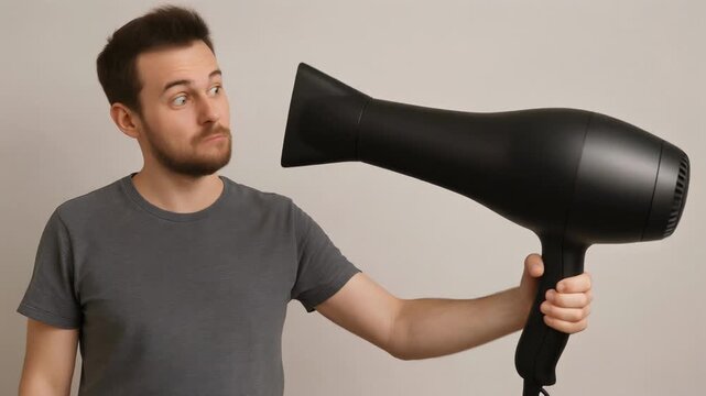 Funny young man with a beard playfully holding a black hairdryer as if it were a weapon, making silly faces and having fun on a neutral background in a studio setting