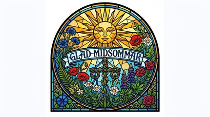 Obraz premium Vibrant segmented panels forming flowers, leaves, and a radiant midsummer sun, bold black outlines and luminous colors, Swedish decorative lettering “Glad Midsommar”