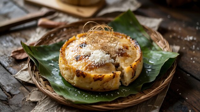 A traditional dessert of Filipino cuisine. Bibinka is traditionally baked in clay pots lined with banana leaves. The pie is topped with slices of baked banana and sprinkled with grated coconut chips.