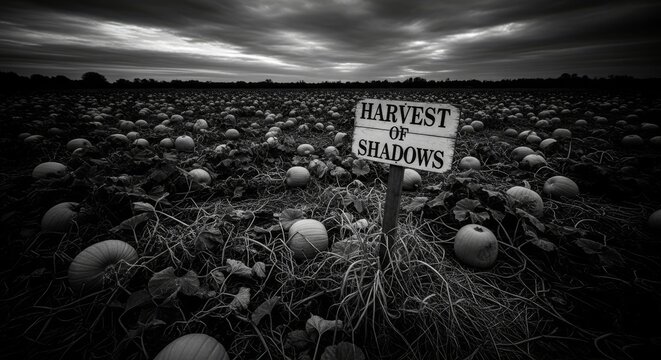 Harvest of Shadows in a Pumpkin Patch - A haunting landscape featuring a pumpkin patch under a moody sky, with a sign that reads Harvest of Shadows, symbolizing the eerie beauty of autumn.