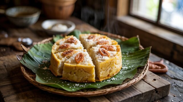 A traditional dessert of Filipino cuisine. Bibinka is traditionally baked in clay pots lined with banana leaves. The pie is topped with slices of baked banana and sprinkled with grated coconut chips.