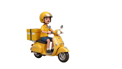 Yellow delivery boy on scooter with package, isolated on transparent background © Andrej