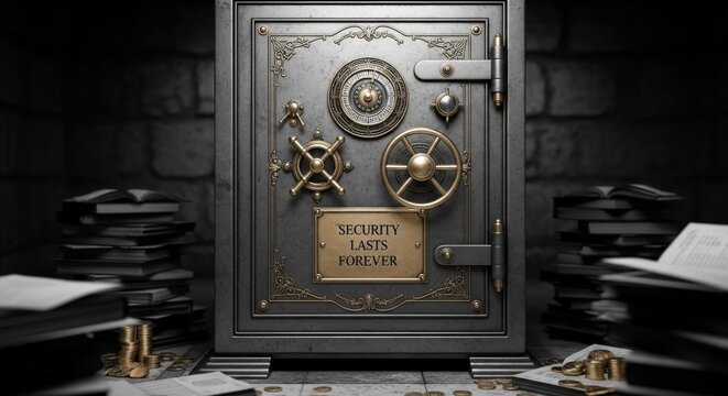 Classic Banker Safe Emphasizing Security and Trust - A detailed classic safe showcasing the quote on security symbolizing protection, reliability, confidentiality, trustworthiness, and legacy amidst