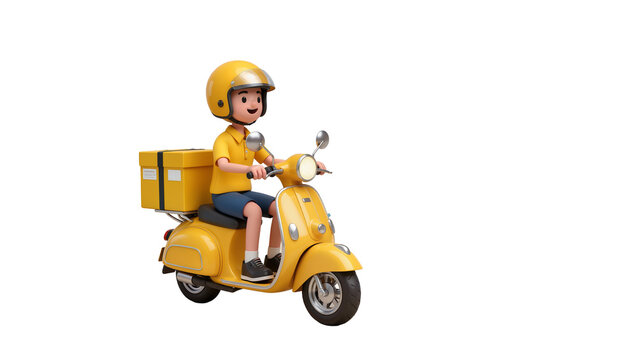 Yellow delivery boy on scooter with package, isolated on transparent background