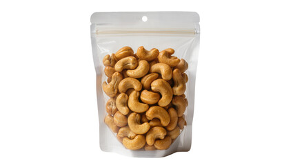 Golden roasted cashew nuts in clear plastic pouch, isolated on transparent background © Nina