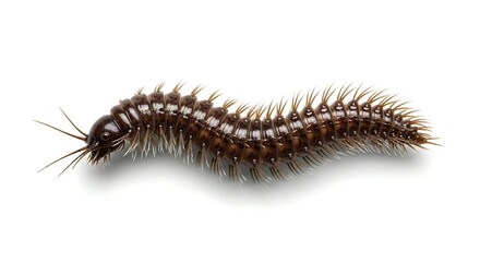 Fototapeta premium A detailed close-up of a dark, segmented millipede-like creature with many hairy legs on a white background.