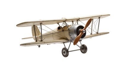 Vintage beige biplane model with wooden propeller, isolated on transparent background © Andrej