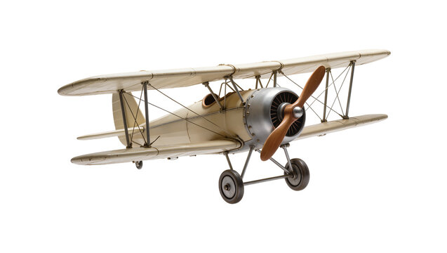 Vintage beige biplane model with wooden propeller, isolated on transparent background