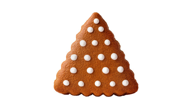 Gingerbread tree cookie with white icing dots, isolated on transparent background