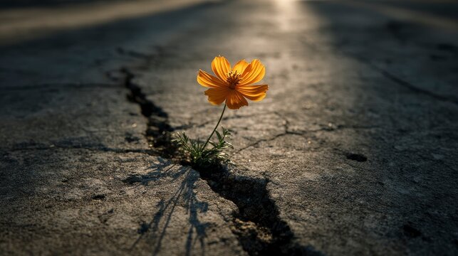 A vibrant orange flower blooms from a crack in the pavement, illuminated by sunlight, symbolizing resilience and hope