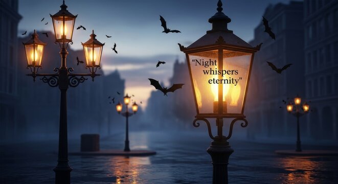 Enchanted Night with Lanterns and Bats - A mysterious night scene featuring glowing lanterns, flying bats, and an eerie atmosphere that suggests a tale of eternity.