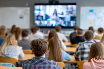 Fototapeta premium Students attending a hybrid classroom lecture with some participants joining remotely through virtual video meetings on a large screen in a modern educational settin