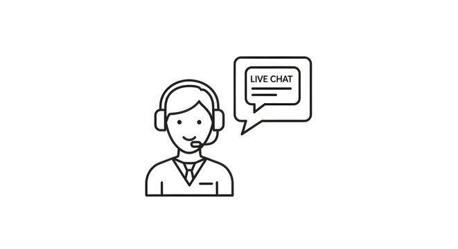 Customer support representative icon with headset, live chat speech bubble for online help desk, professional call center agent line art isolated PNG with Transparent Background