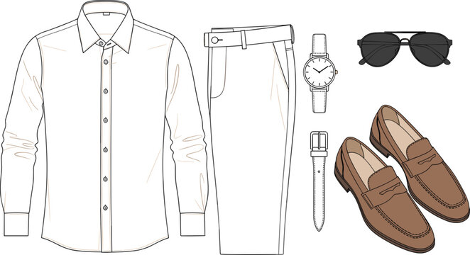 Illustration of men's business casual outfit featuring a button down shirt trousers loafers watch sunglasses and leather belt.