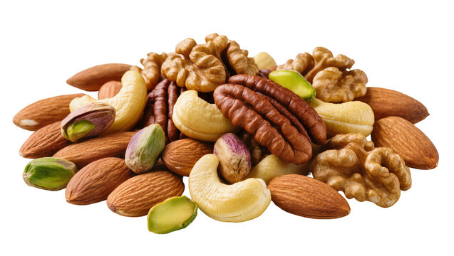 Mixed raw nuts isolated on transparent background, healthy food