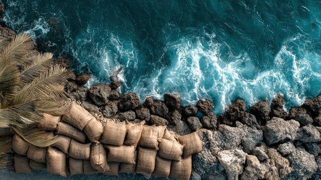 Aerial view of powerful ocean waves crashing on a rocky coast protected by sandbags, symbolizing coastal erosion control and environmental preservation.