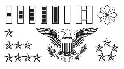 Insignia set including military rank insignia bars, stars, an eagle emblem with olive branch and arrows, and a floral crest. © Olise