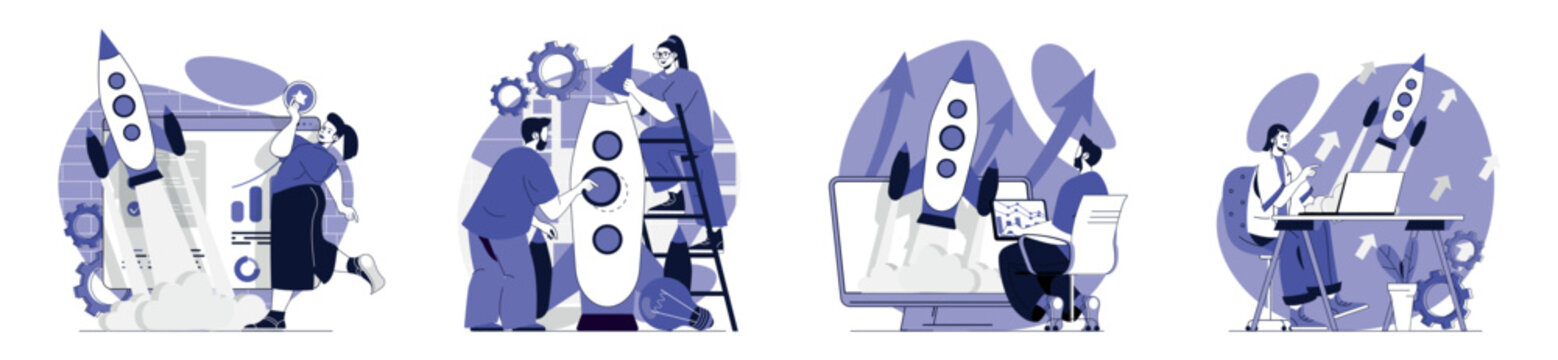 Business startup concept set for web design. Collection with people launching new project, working and developing project, planning and attracting investment in entrepreneurship. Vector illustration.