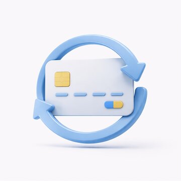 Minimalist 3D icon of credit card with circular arrows representing recurring payment and subscription billing in modern fintech system.