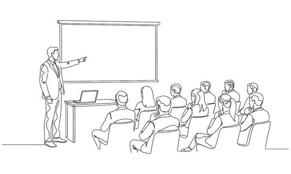 Continuous one line drawing of woman explaining business process on flip chart. Business presentation concept. Trendy single line draw graphic design vector
