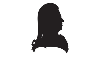 Silhouette of a historical figure's profile featuring long hair tied in a queue and elaborate clothing detail, rendered in solid black against a © Olise
