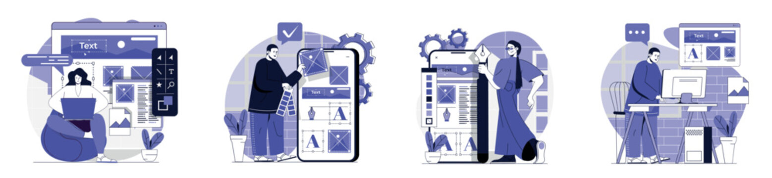 Web design concept set. Collection with people of building site layouts, filling with different content, creating graphic elements, engineering product interfaces at platform. Vector illustration.