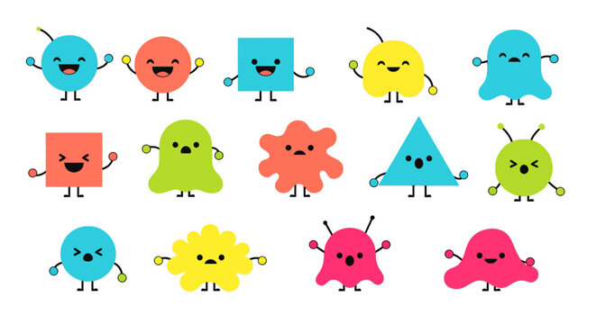 Colorful geometric cartoon characters with simple eyes and smiles in minimalist style