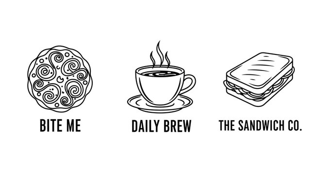 Minimalist cafe logos: cookie, coffee cup, and sandwich designs