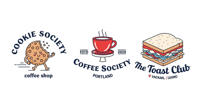 Minimalist cafe logos featuring cookie, coffee, and sandwich designs
