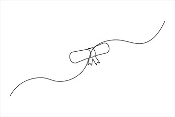 Obraz premium Minimalist continuous line drawing of a graduation scroll with a ribbon. Clean black vector art for academic success and university graduation.