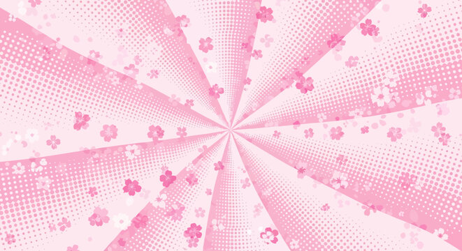 Pink floral radial design with cherry blossom pattern and halftone background