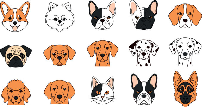 Variety of Cute Dog and Cat Faces, with Multiple Breeds and Expressions