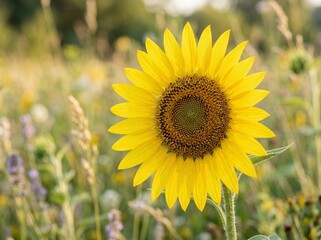 Obraz premium Yellow Sunflower Head Blooming in Field Under Summer Sun
