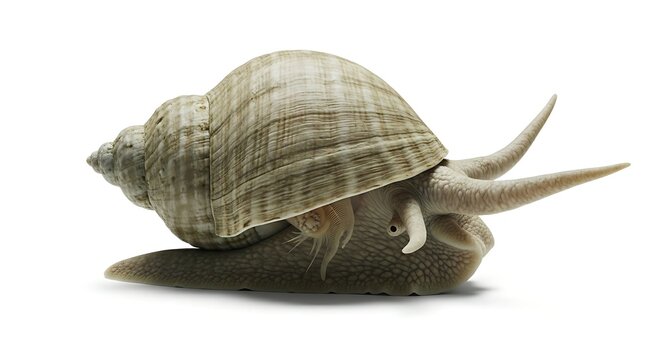 A common garden snail slowly emerges from its spiral shell, moving deliberately across a crisp white background.