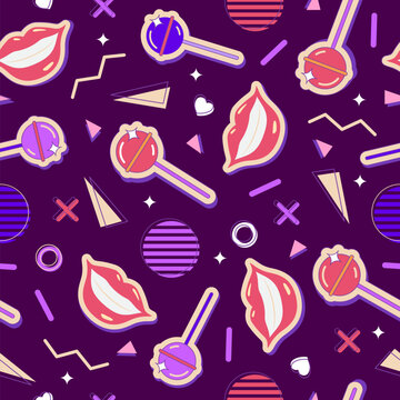 Colorful seamless retro pattern of 80s-90s with chupa chups and smiling lips. Disco banner.  Memphis style background. Vector illustration