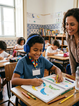 Happy boy with headphones in classroom