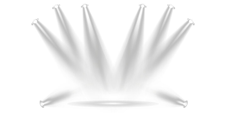 Vector spotlights, studio lighting. Light beams and transparent light effect. White light source. Bright lighting with spotlights. Vector isolated on transparent background.