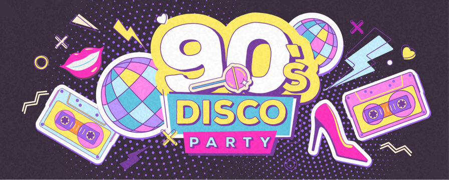 Retro disco poster or banner of 80s-90s with audio cassettes, disco ball, chupa chups, high heels and smiling lips. Memphis style background. Vector illustration