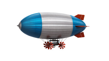 Retro blue and silver airship with red propellers and tail fins, isolated on transparent background for historical aviation concepts © Nina