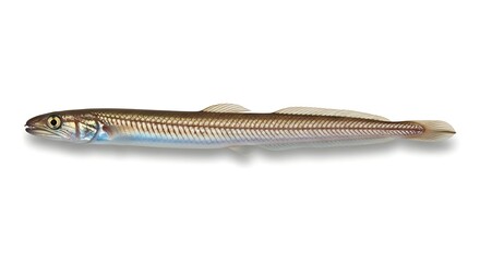 Naklejka premium A slender, iridescent sand eel or lance fish displaying its small fins on a white background.