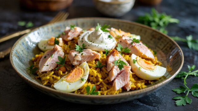 A dish of British cuisine. Kedgeree is a British breakfast or brunch dish. Curry rice and smoked haddock in flakes, mixed with egg slices, garnished with fresh herbs and drizzled with thick cream.