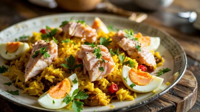 A dish of British cuisine. Kedgeree is a British breakfast or brunch dish. Curry rice and smoked haddock in flakes, mixed with egg slices, garnished with fresh herbs and drizzled with thick cream.
