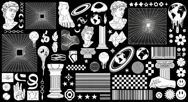 Retro futuristic collage: classical statues, geometric patterns, and cosmic elements