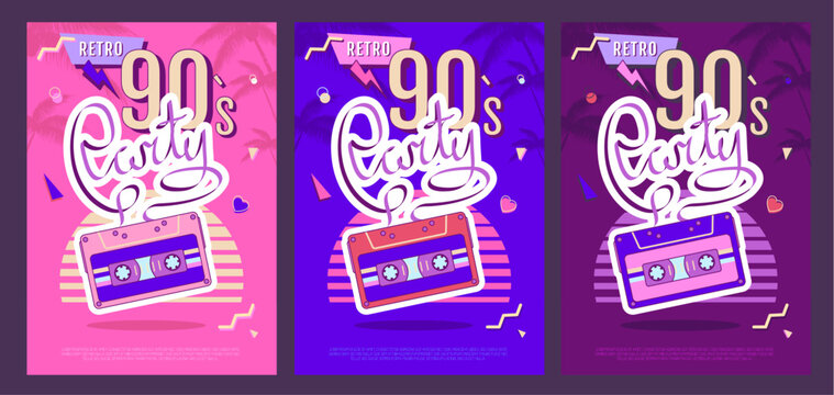Set of retro colorful disco party posters, covers or banners of 80s-90s. Disco background with audio cassete, sunrise and palm trees. Flat design. Vector illustration