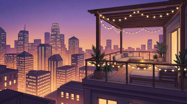 Rooftop terrace at dusk with string lights, potted plants, and city skyline in background