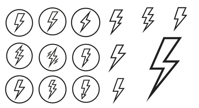 Lightning bolt icons set in linear style with circular and standalone variations