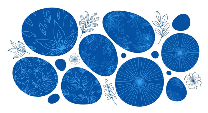 Abstract blue shapes with floral patterns and leaves on white background