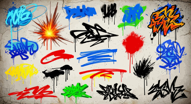 Colorful graffiti tags and splashes on grunge wall background